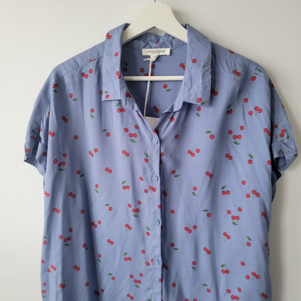 beach lunch lounge women's cherry print top sz L Cottagecore Soft Girl Summer - Picture 3 of 8